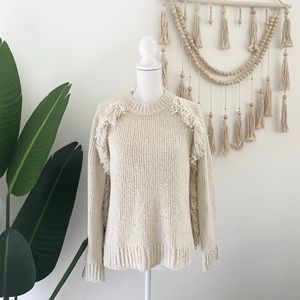 madewell cream fringe crew neck sweater montford boho minimalist neutral medium